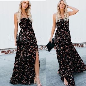 Vici Floral Chiffon Maxi Dress L Black Strappy Pleated
